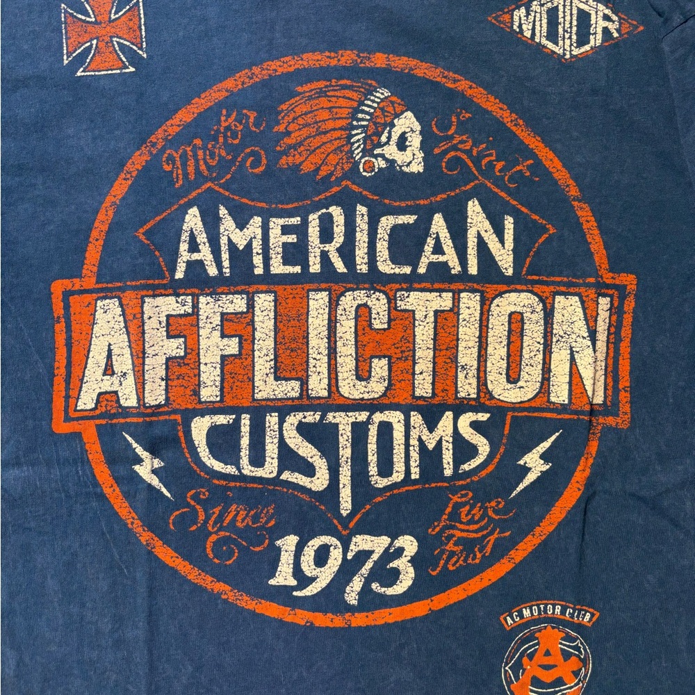 Vtg Affliction American Customs Indian Skull Choppers Y2K Blue Men’s Tshirt Sz M - Picture 2 of 8